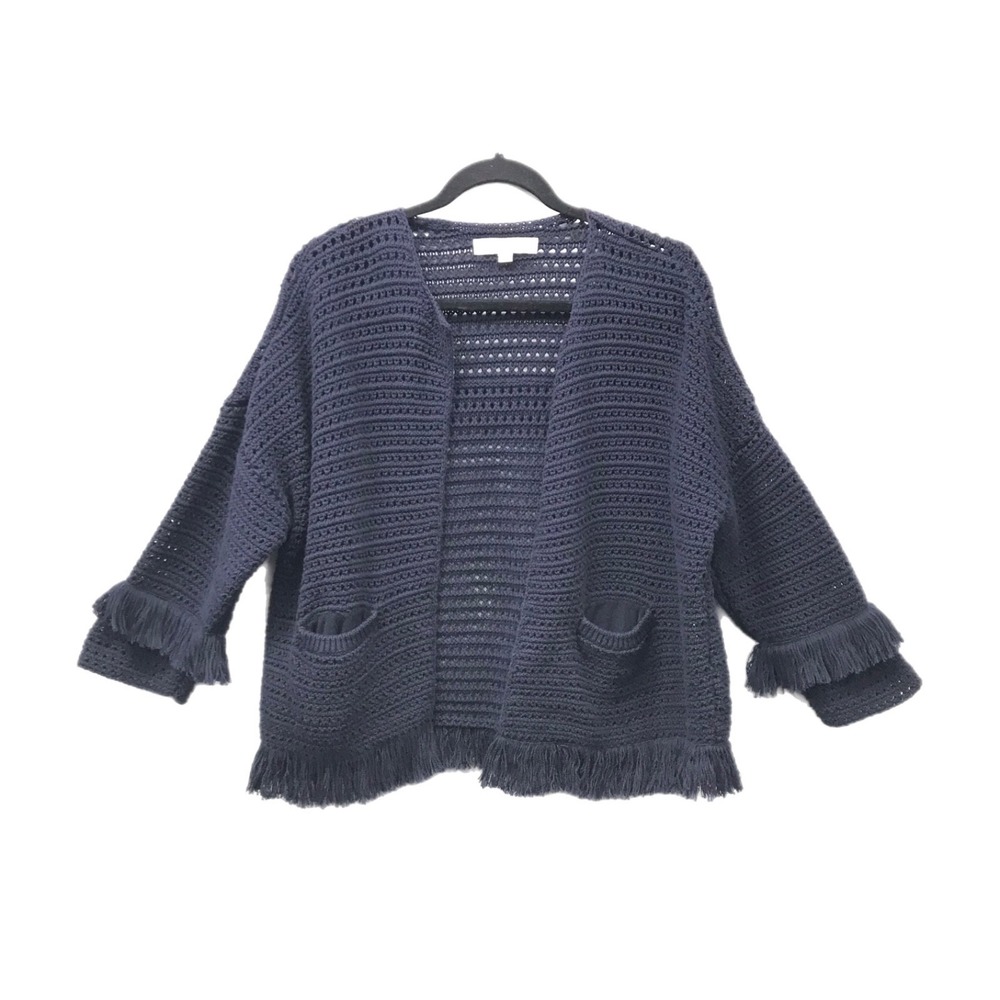 LOFT Cardigan Sweater Women's Size L Navy Crochet Fringe 3/4 Sleeve Open Front